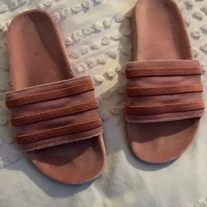 Velvet pink adidas slides